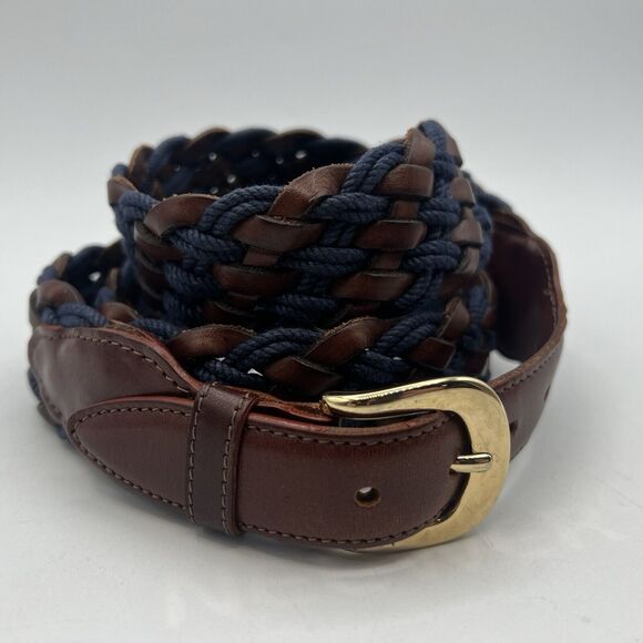 Mens Tuttle Woven Braided Leather Cord Belt Navy Brown Italy Gold Buckle 44 - Picture 3 of 7